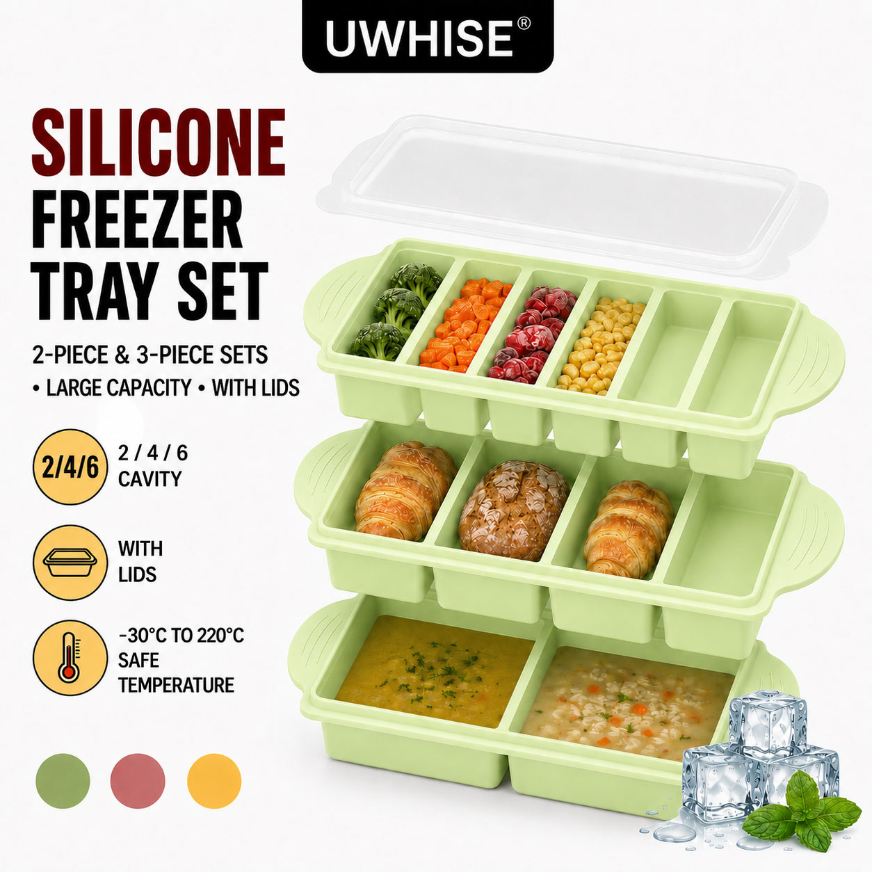 Meal Prep Template - Uwhise 2/3個セット シリコン製冷凍トレイ 蓋付き スープ冷凍容器 大型アイスキューブトレイ