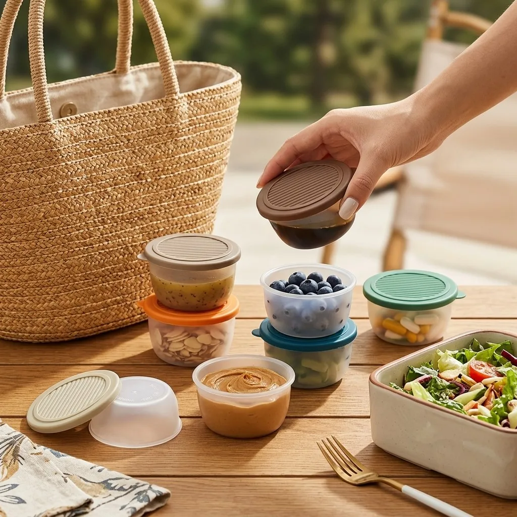 Sauce Dipping Cup - 2個または6個入り ミニプラスチック製ソース容器 再利用可能 丸型 ディッピングソースカップ 蓋付き