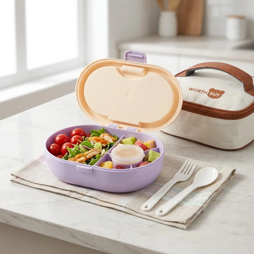 Meal Prep Or Prep Meal - プラスチック製仕切り付き弁当箱。学生や子供向けの、持ち運び可能なランチボックス。密閉式の食品保存容器で、カトラリーとサラダ用の容器が付属。食事の準備に最適。