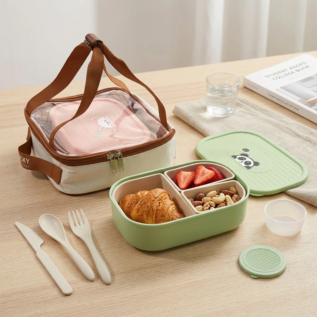 Meal Prep Or Prep Meal - 子供用弁当箱、蓋付き、3つの仕切り付き、プラスチック製、食品保存容器、電子レンジ対応、サラダや食事の準備、おやつ入れに最適、学校や大人にも。