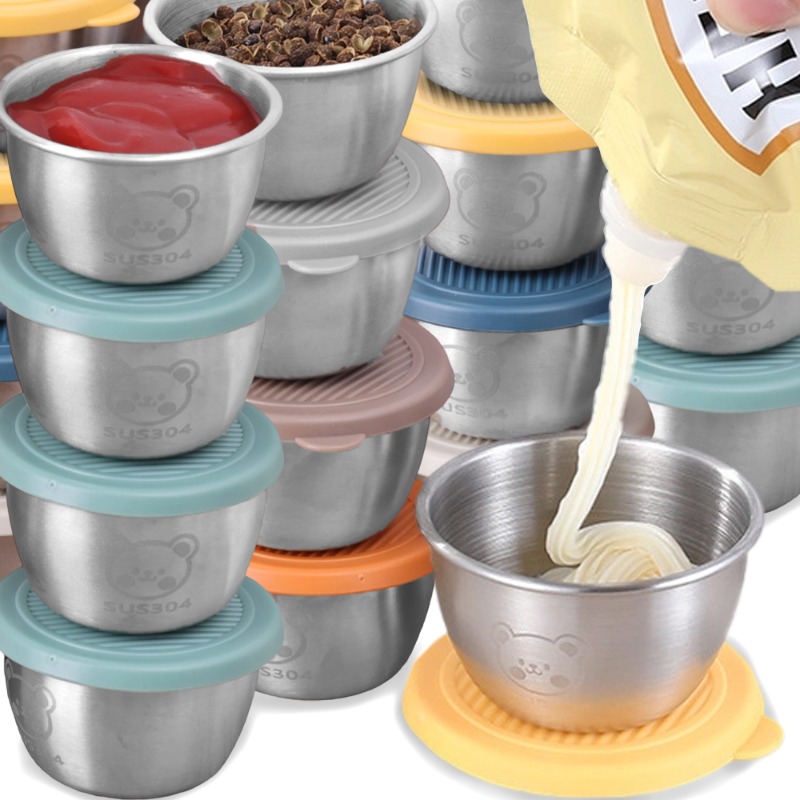 Sauce Dipping Cup - 10/1pc 50ml 漏れ防止ステンレス鋼ディップソースカップ食品容器再利用可能なサラダドレッシング容器シリコンストレッチ蓋