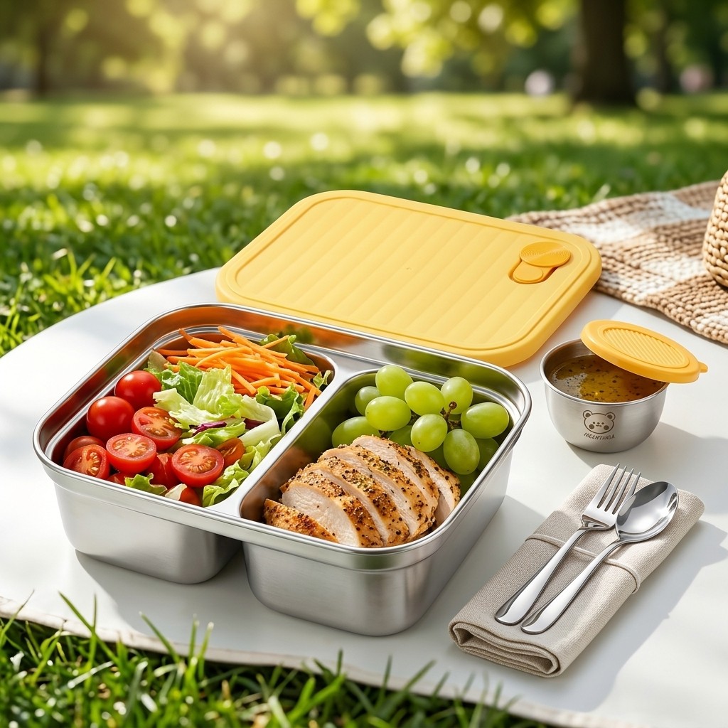Meal Prep Bowl - 304ステンレス製ランチ容器、子供や学生向けの携帯用密閉ランチボックス、フルーツサラダ用食品保存容器、ソースボックス付き