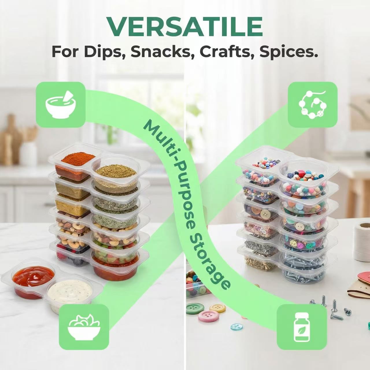 蓋付き二重コンパートメントソース容器、ディップ、ソース、食事 - Sauce Dipping Cup のレビューと価格