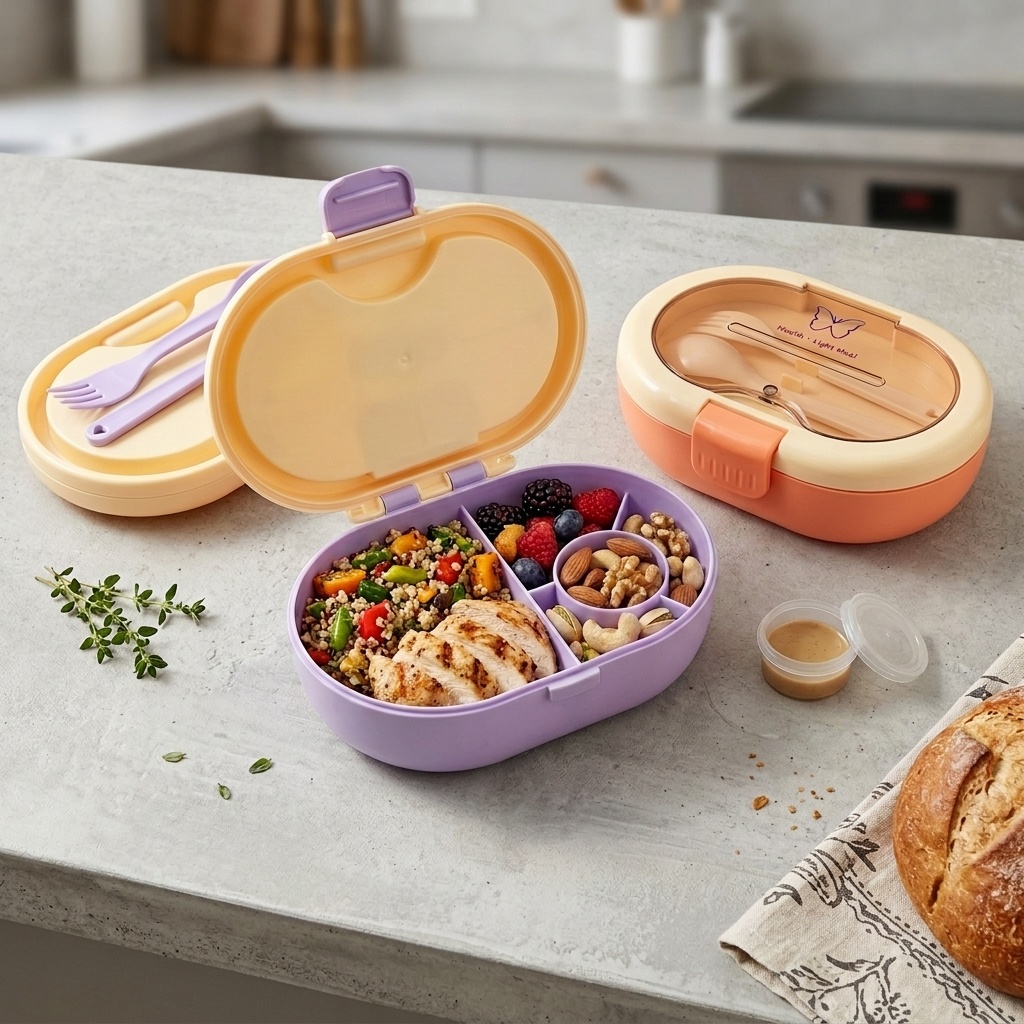 プラスチック製弁当箱、仕切り付き、カトラリーとソース容器、子 - Meal Prep Or Prep Meal のレビューと価格